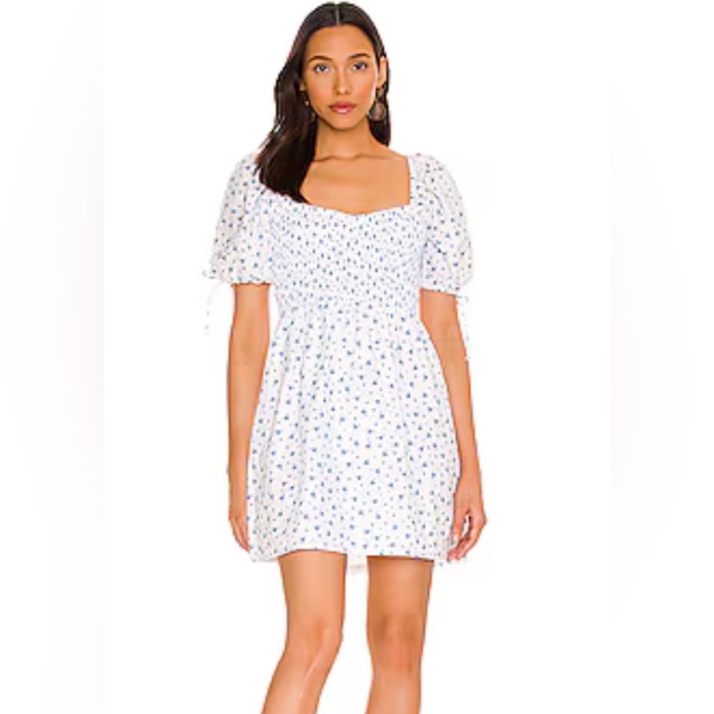 Faithfull the Brand White Mini Dress with Blue Floral Print